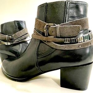 New Regarde LeCiel ankle boot. Dark gray leather with leather strapping detail.